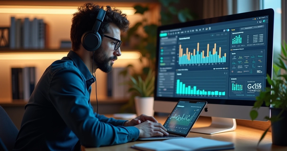 Empreendedor digital sentado em frente ao notebook analisando vendas