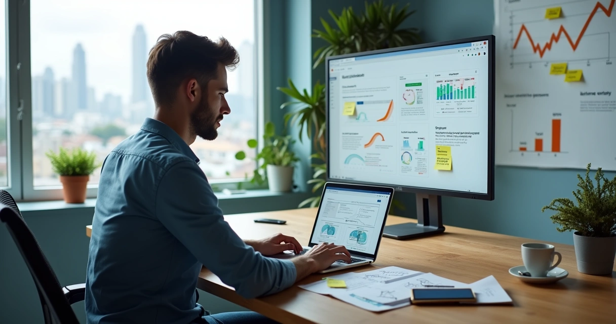 Webdesigner planejando negócio digital em escritório moderno com notebook e gráficos 