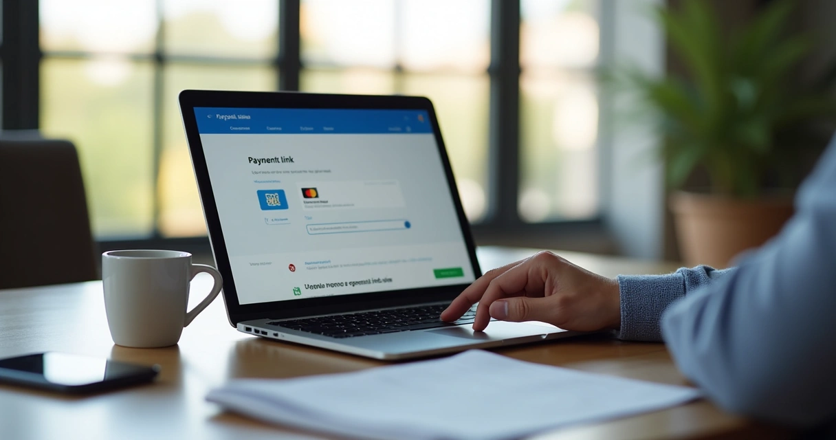 Empreendedor usando notebook para criar link de pagamento seguro 