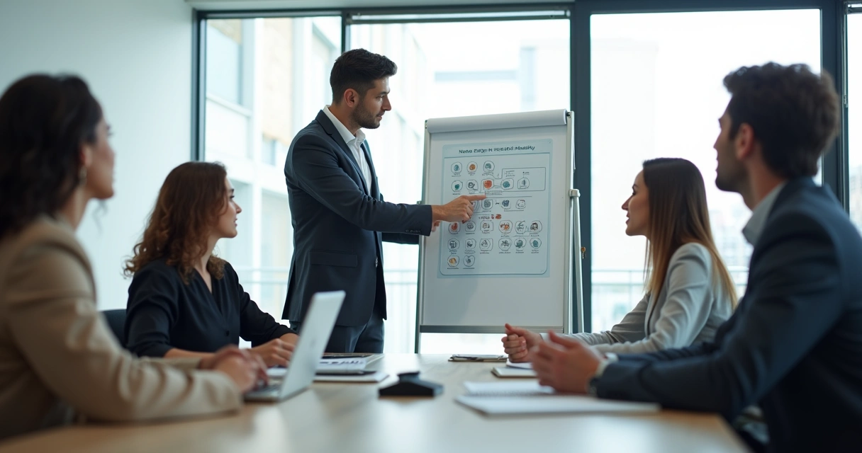 Empreendedor em sala de reunião discutindo opções de plano de saúde com a equipe 