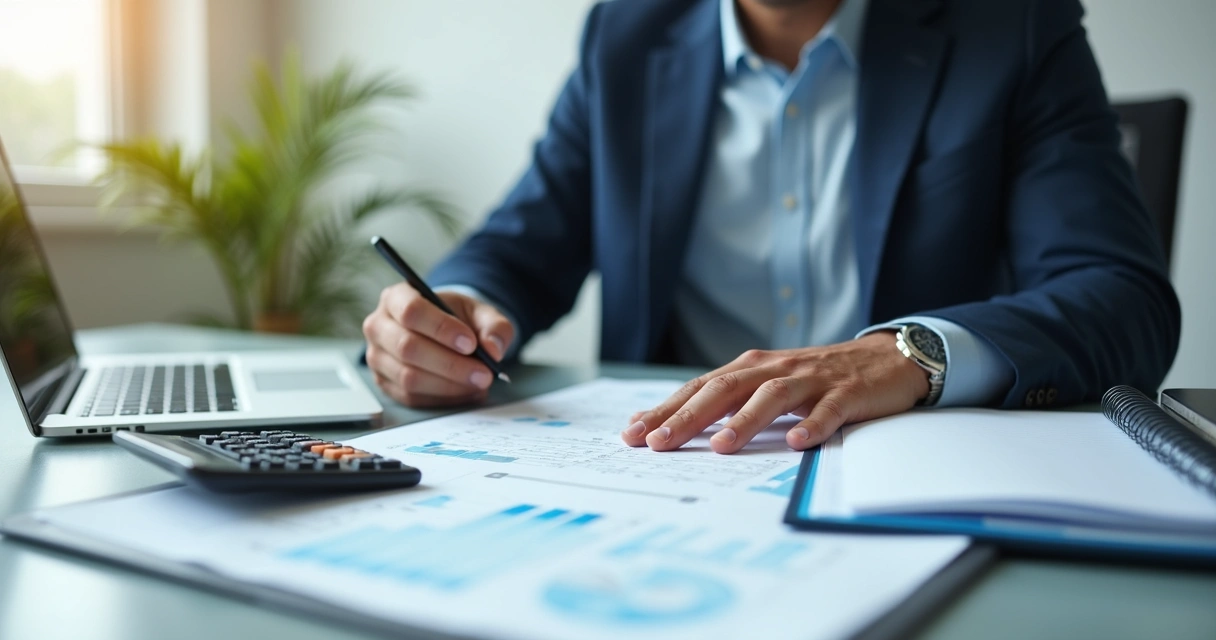Empreendedor revisando documentos e calculadora em mesa de trabalho