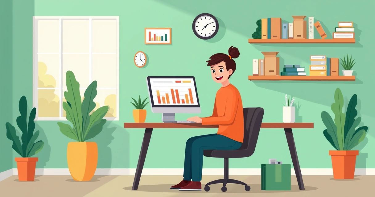 Ilustração de um empreendedor animado em seu escritório digital com gráficos de crescimento 