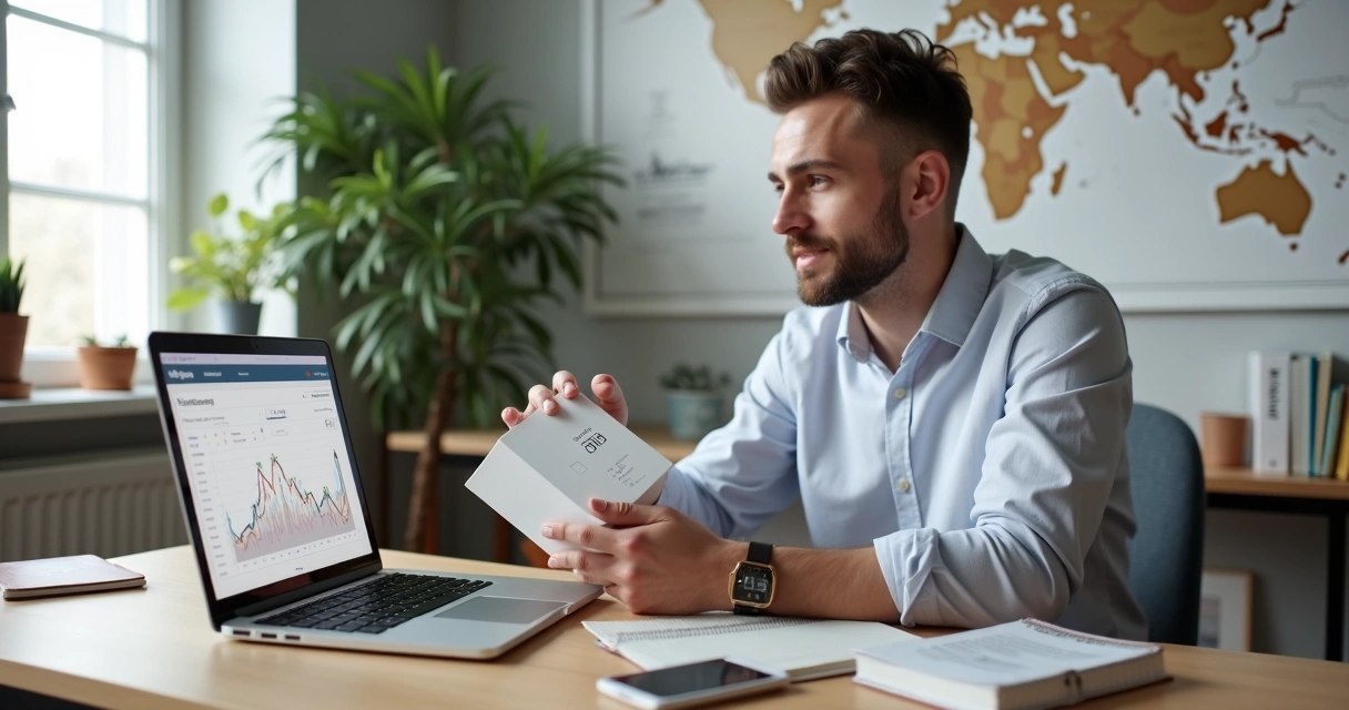 Empreendedor de e-commerce segurando produto próprio em home office moderno 