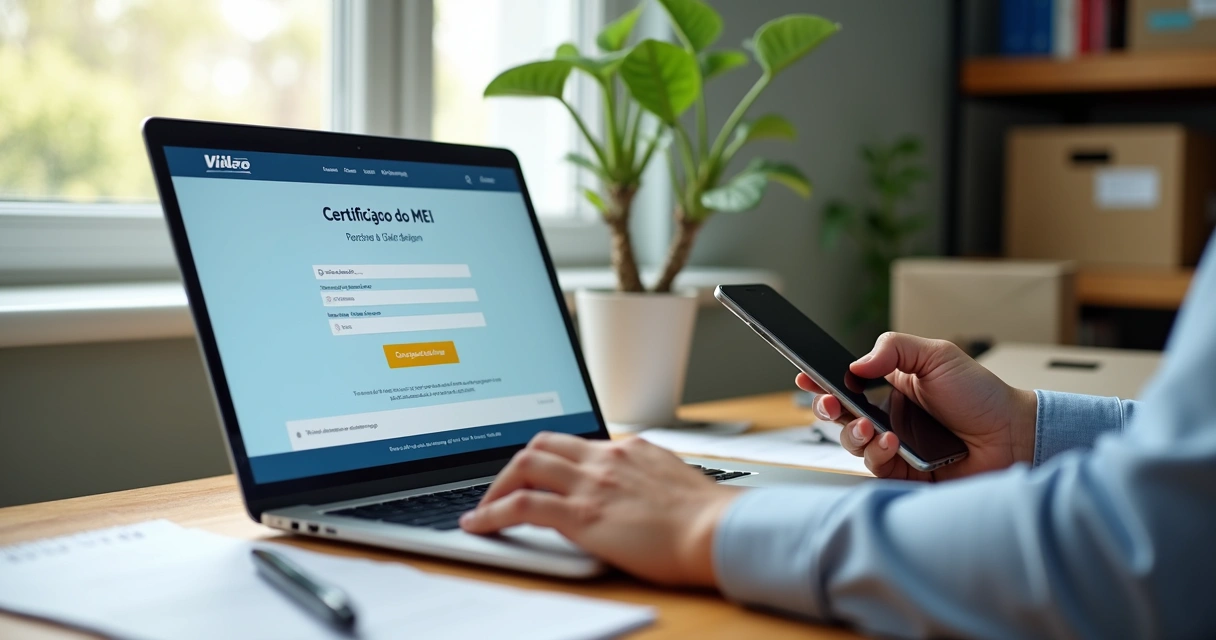 Empreendedor consultando e emitindo CCMEI no computador em escritório moderno 