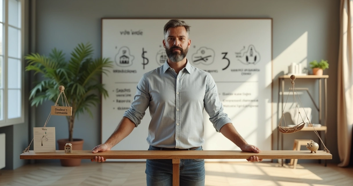 Empreendedor brasileiro em pé equilibrando placa com contas e placa com sonhos 