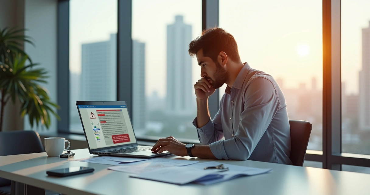 Empreendedor preocupado analisando documento digital com alerta em laptop 