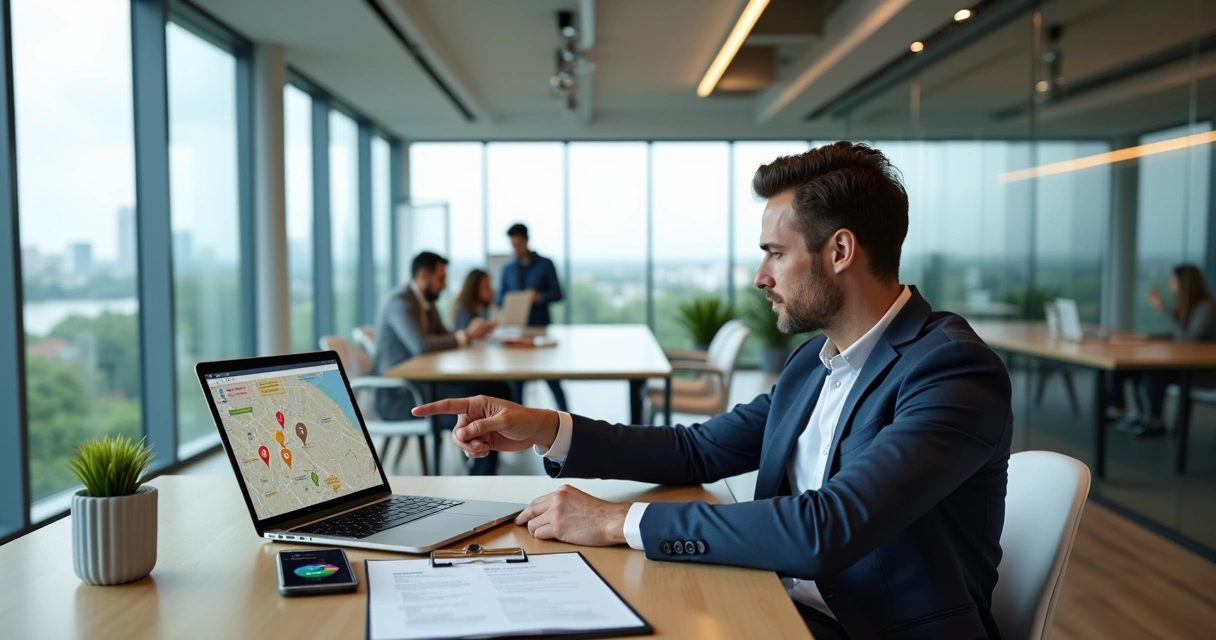 Empreendedor analisando opções de endereço fiscal em escritório moderno 