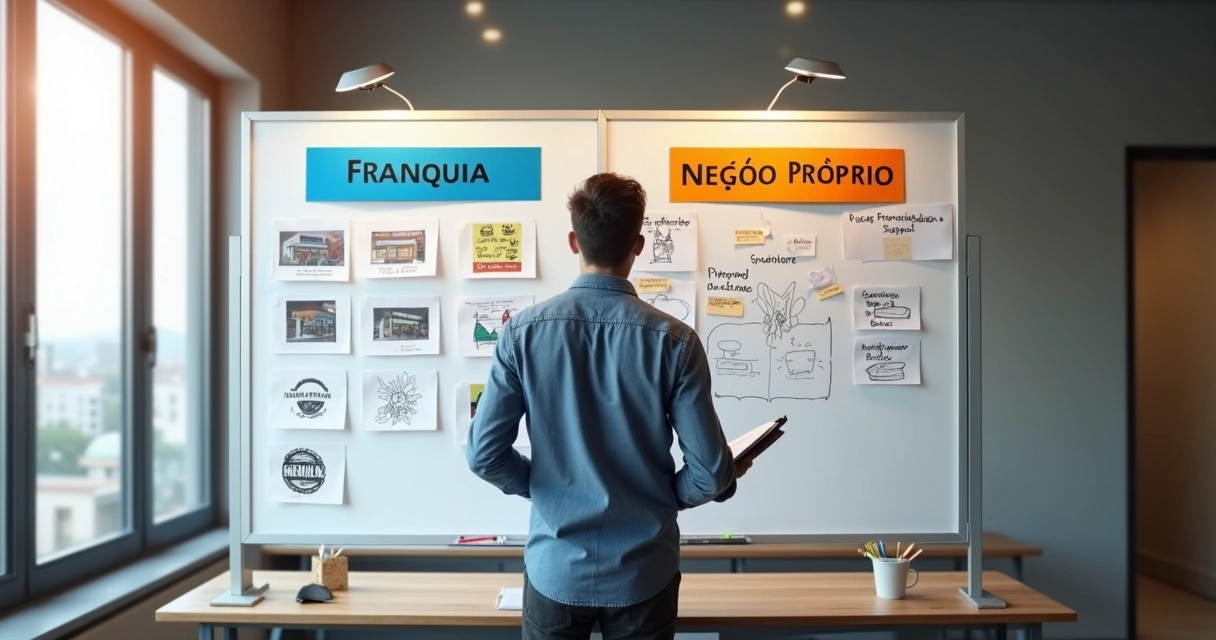 Empresário analisando quadro com opções de franquia e negócio próprio 