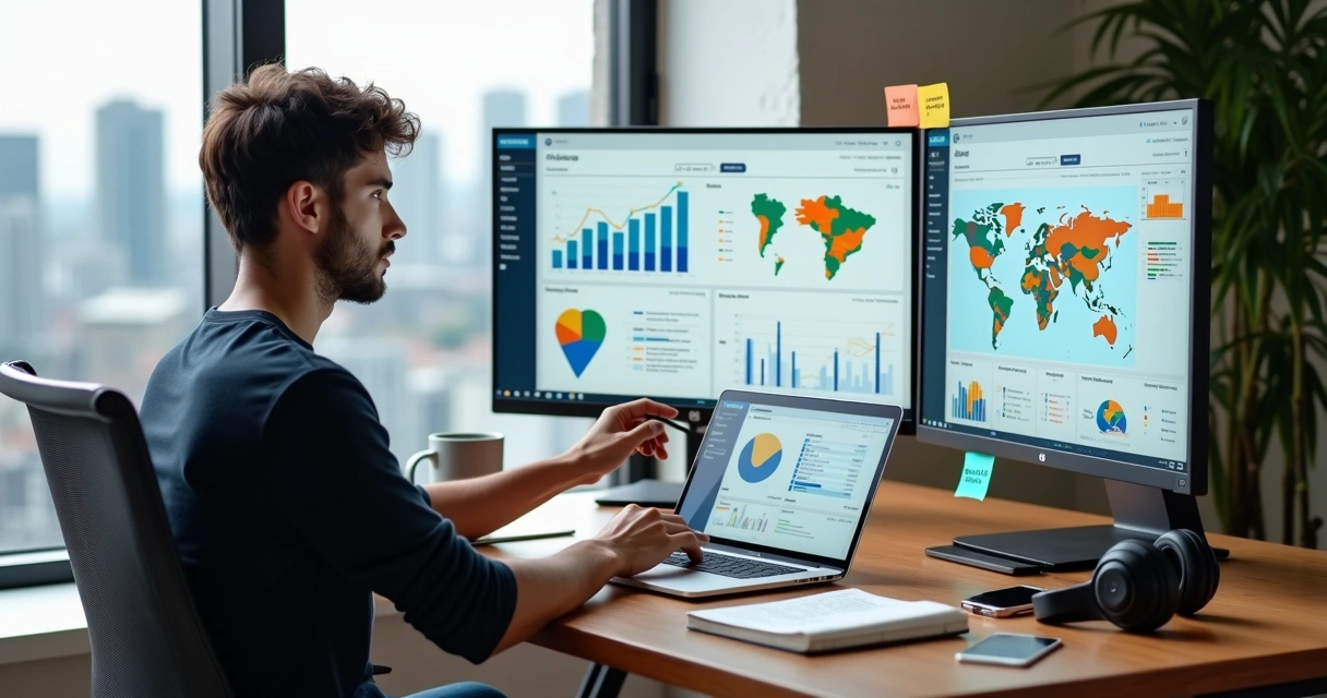 Empreendedor analisando nichos de mercado em gráficos digitais 