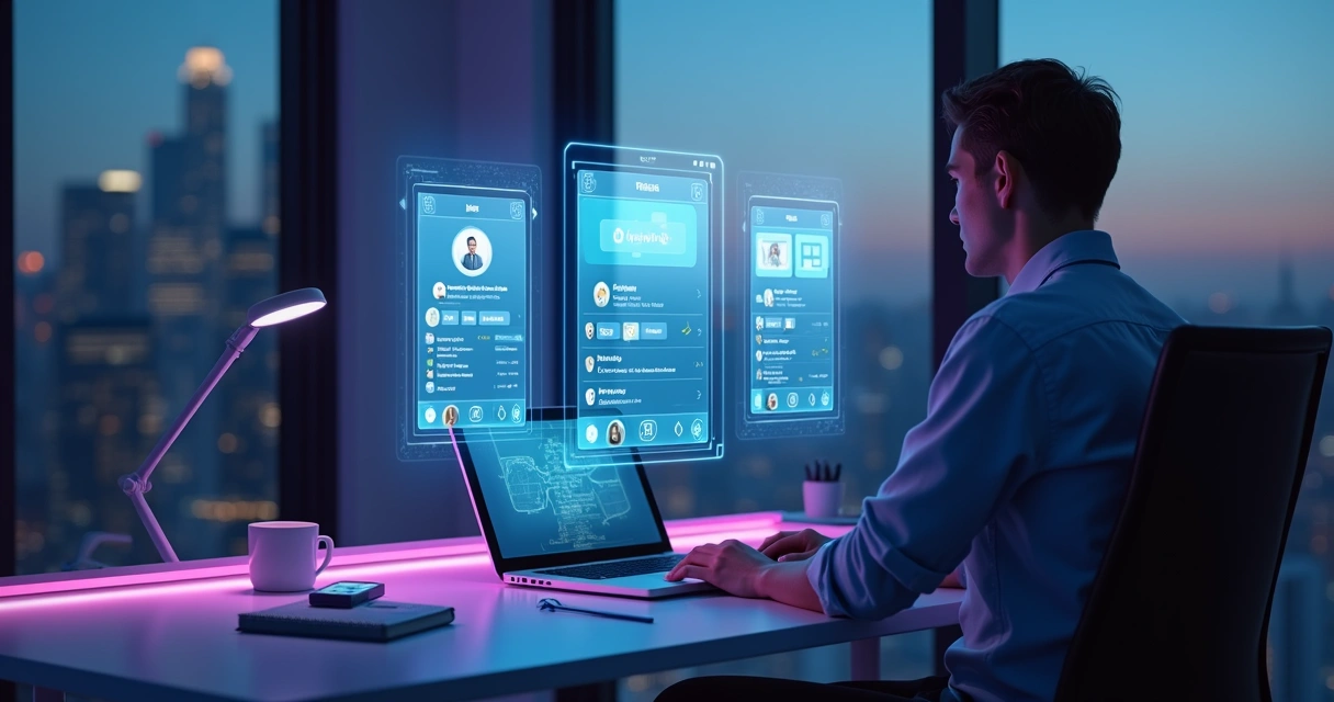 Empreendedor escolhendo perfil pronto do Instagram em tela holográfica 
