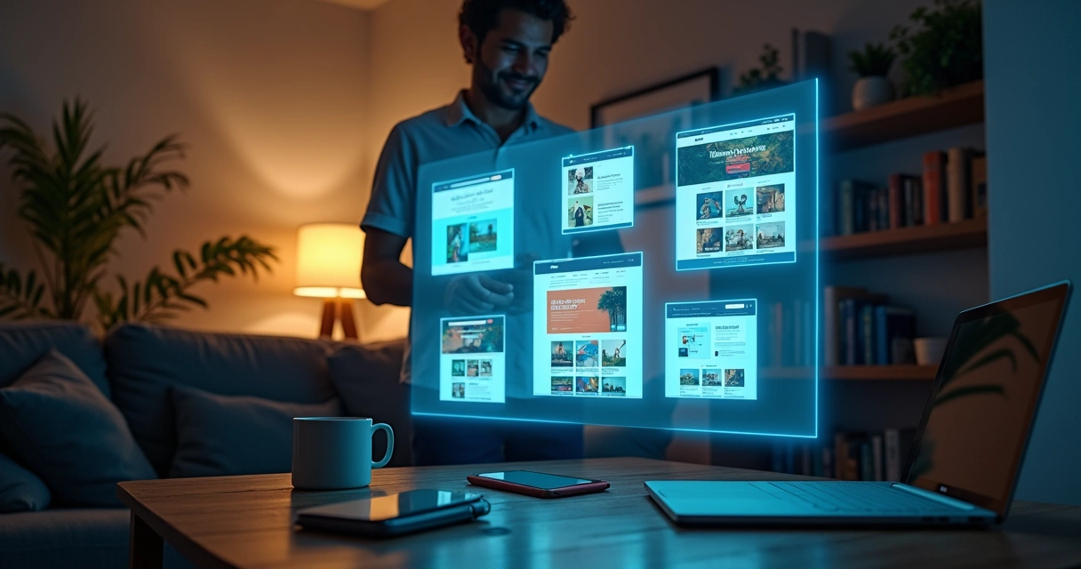 Empreendedor segurando tablet comparando templates de site na tela holográfica 