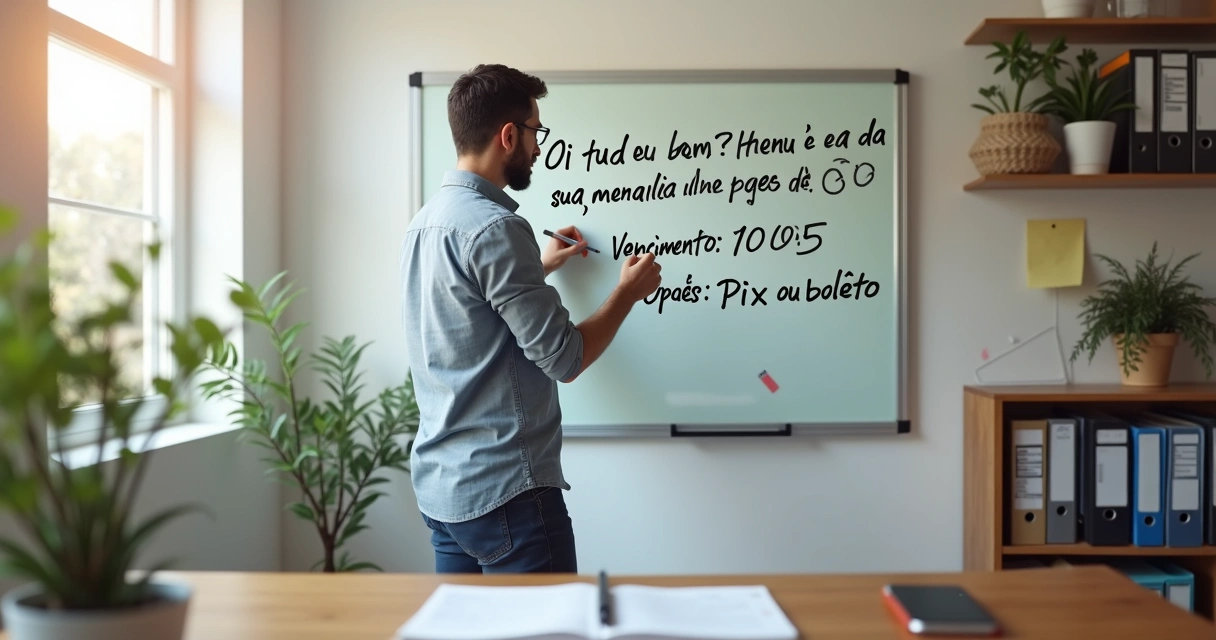 Pequeno empreendedor escrevendo script de cobrança em quadro em escritório simples 