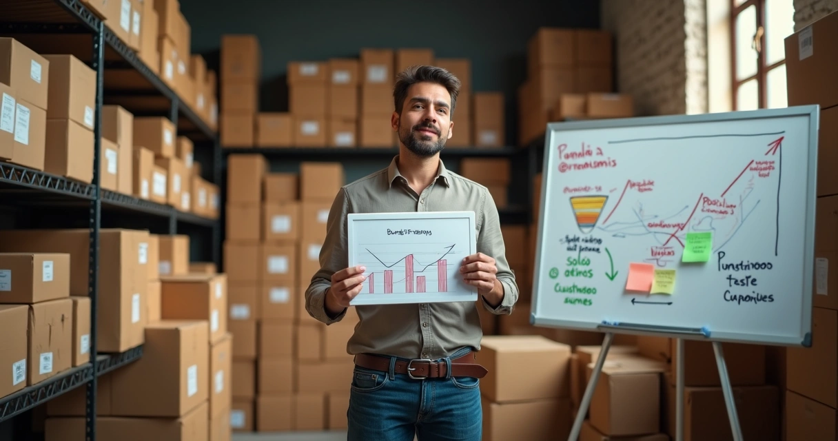 Empreendedor em armazém pequeno analisando estoques encalhados e gráficos de vendas 