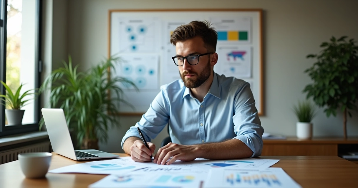 Empresário analisando gráficos de crescimento na mesa 