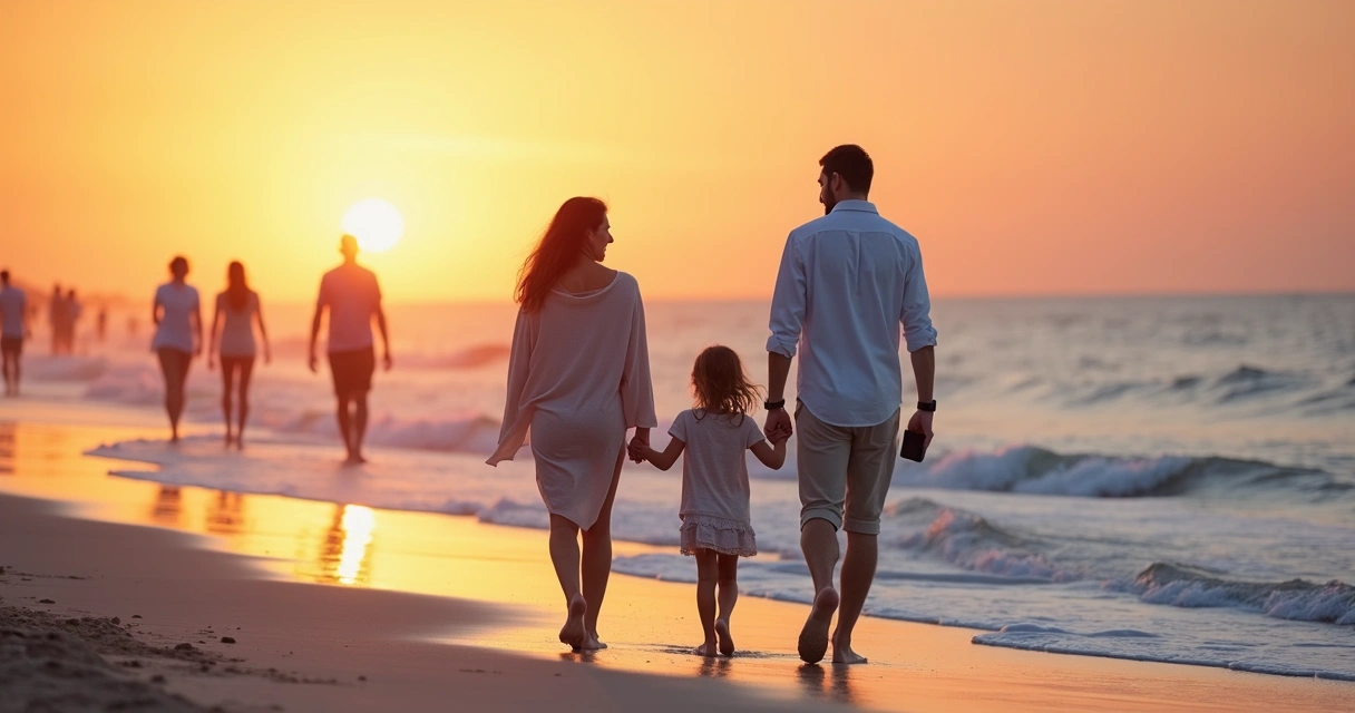 Pessoa caminhando com família ao entardecer na praia, segurando celular desligado