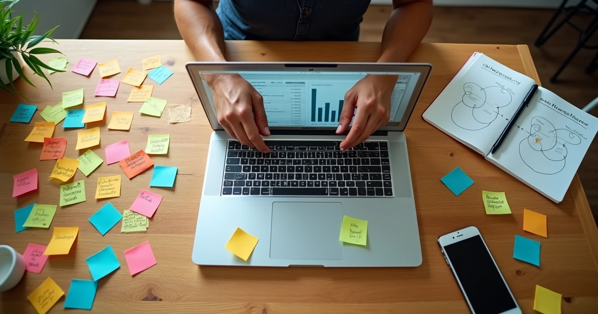 Empreendedor brasileiro reorganiza notas adesivas com críticas e ideias em mesa de trabalho 