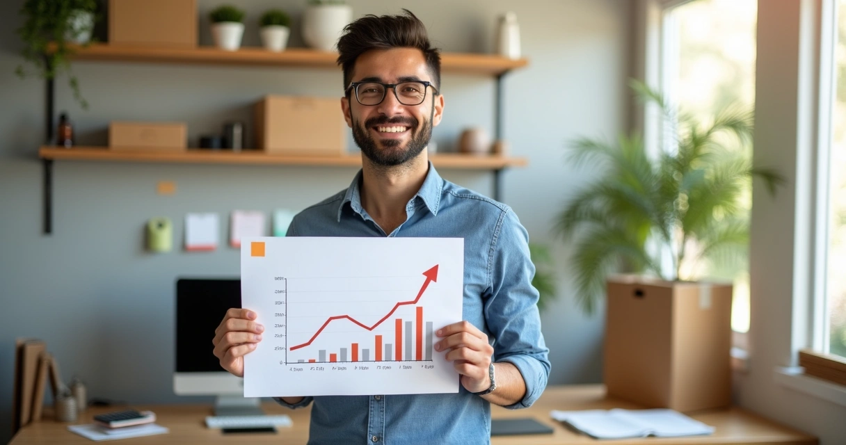 Empreendedor de marketplace segurando gráfico crescente de lucros