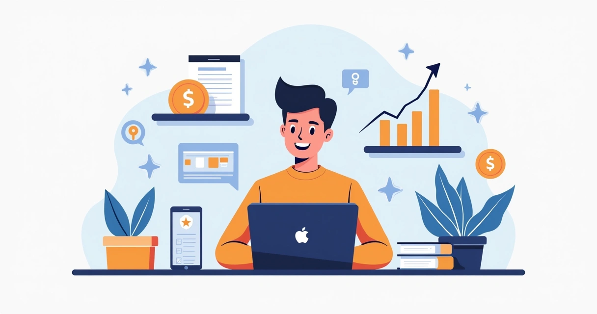 Empreendedor feliz usando notebook em ambiente moderno 