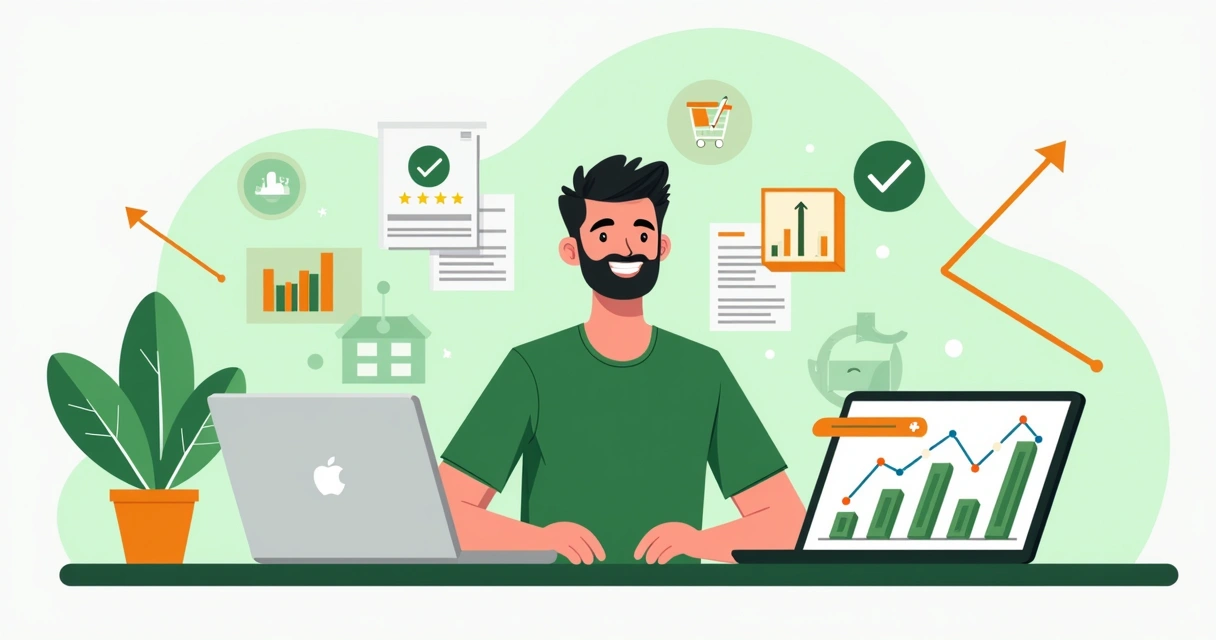Empreendedor sorrindo olhando vendas online 