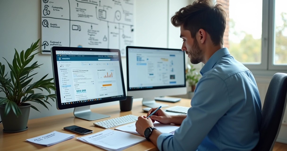 Empreendedor organizando ferramentas digitais para pequena empresa de serviços 