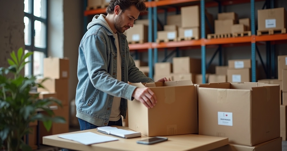 Pessoa organizando caixas de produtos em prateleiras de estoque