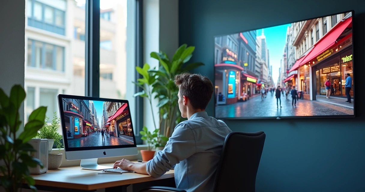 Empreendedor gerenciando anúncios digitais com laptop e displays digitais em ambiente moderno e iluminado 