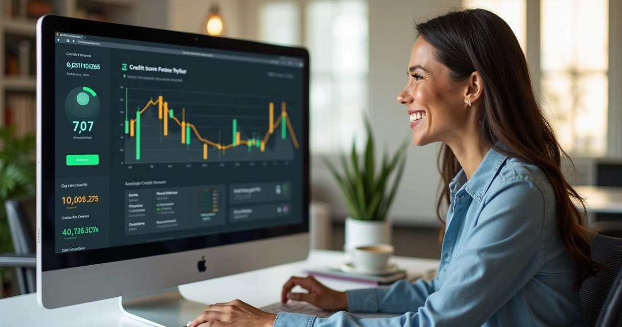 ITIN nos EUA: Como Solicitar e Para Que Serve 5 Empreendedora brasileira feliz olhando tela de computador mostrando pontuação de crédito nos EUA.