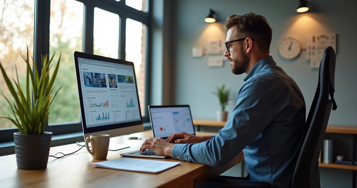 Empreendedor trabalhando em home office com notebook e relatórios de publicidade digital 