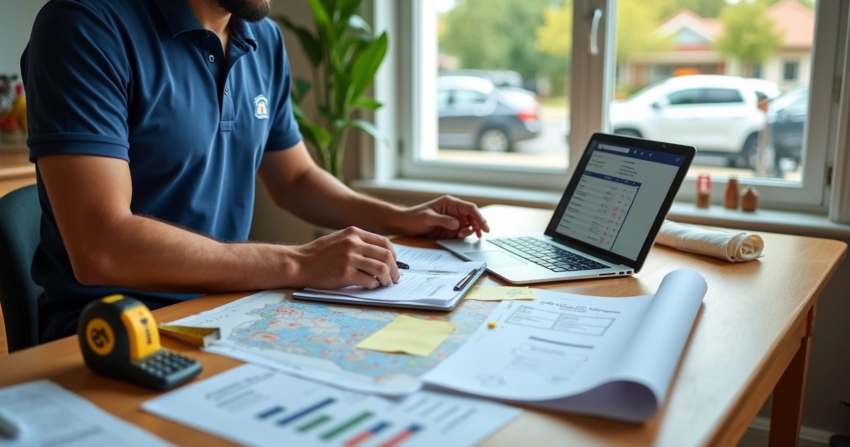 Empreendedor de home service calculando preços em mesa com planilhas e tablet 
