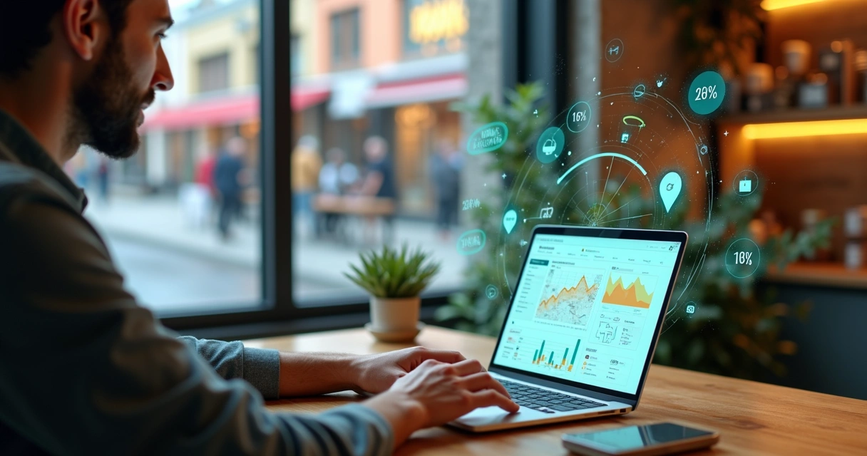 Empreendedor analisando painel de campanha local com ícones de inteligência artificial 