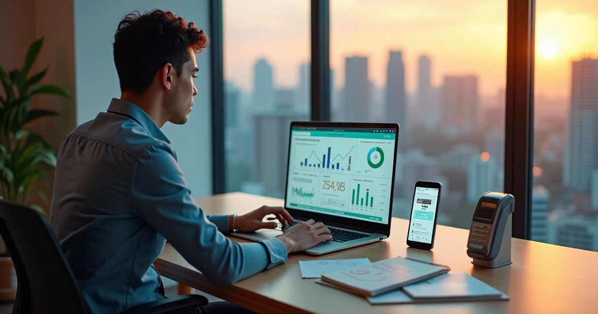 Empreendedor analisando ideias de negócio digitais para 2026 em ambiente moderno 