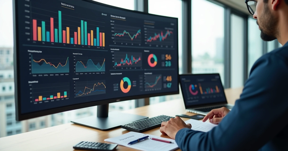 Empreendedor analisando nove indicadores financeiros em painel digital 