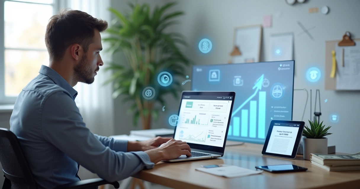 Empreendedor digital criando infoprodutos no notebook com gráficos de vendas e dinheiro ao redor 