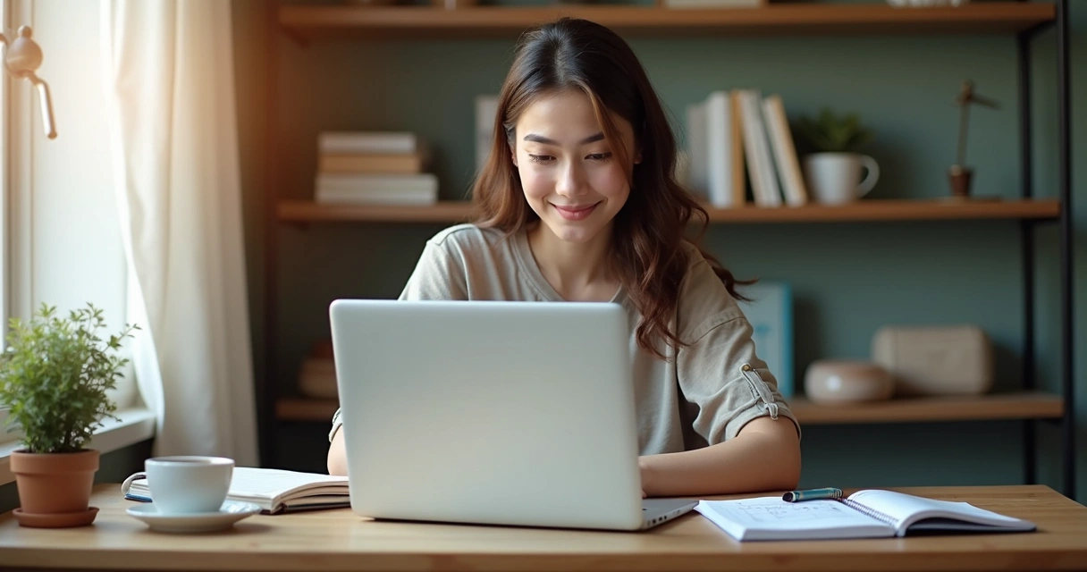 Pessoa jovem iniciando um negócio em casa, com laptop, caderno e gráficos financeiros na mesa 