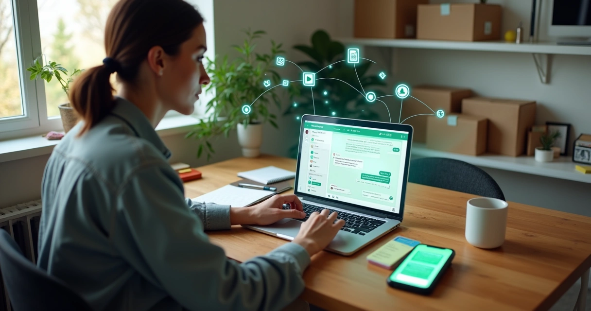 Empreendedora usando ferramentas grátis de inteligência artificial conectadas ao WhatsApp em um pequeno escritório 