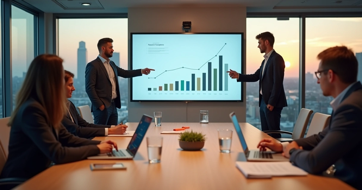 Empreendedor apresentando pitch para investidor anjo em sala de reunião moderna 