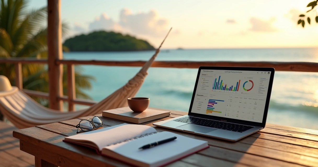 Empreendedor planejando negócio em mesa com vista para o mar 