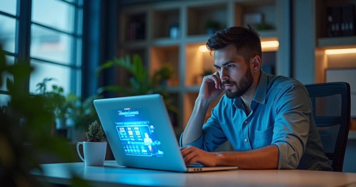Empreendedor brasileiro feliz com notebook em loja virtual moderna