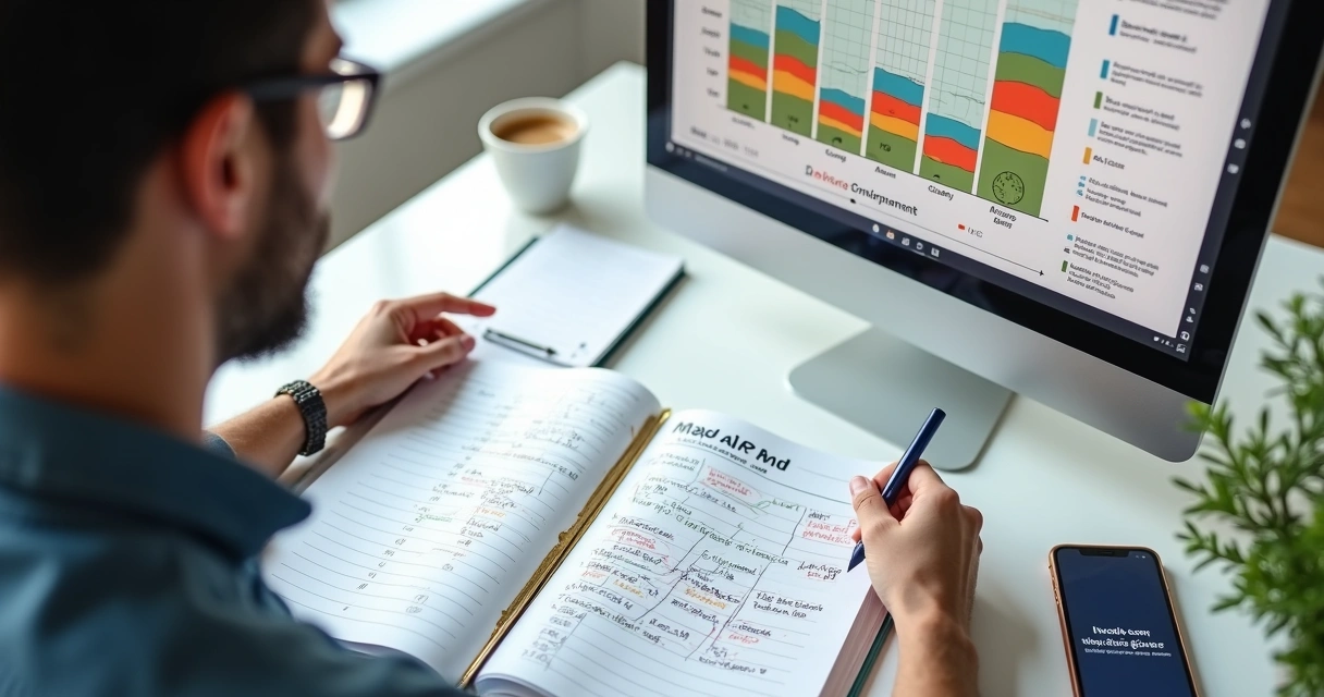 Empreendedor usando mapa PND na mesa, computador e cadernos ao lado 