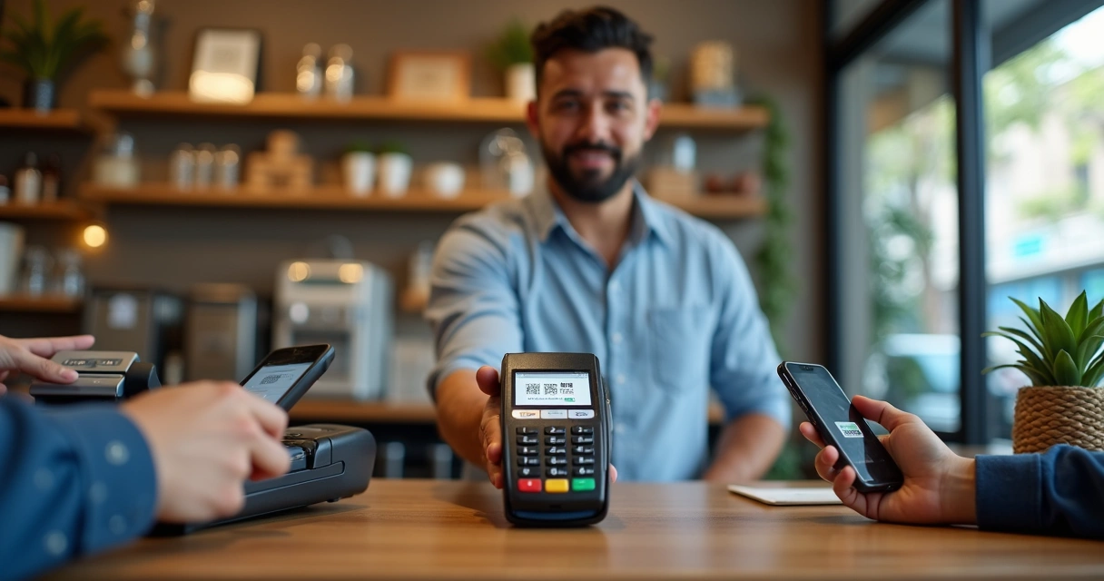 Empreendedor segurando maquininha de cartão personalizada com sua marca ao lado de outros equipamentos de pagamento digital.