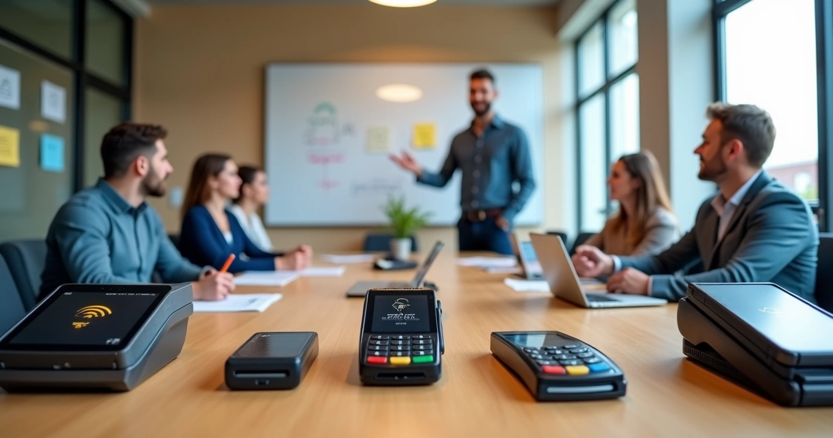 Empreendedor avaliando várias maquininhas de cartão sobre mesa em escritório moderno 