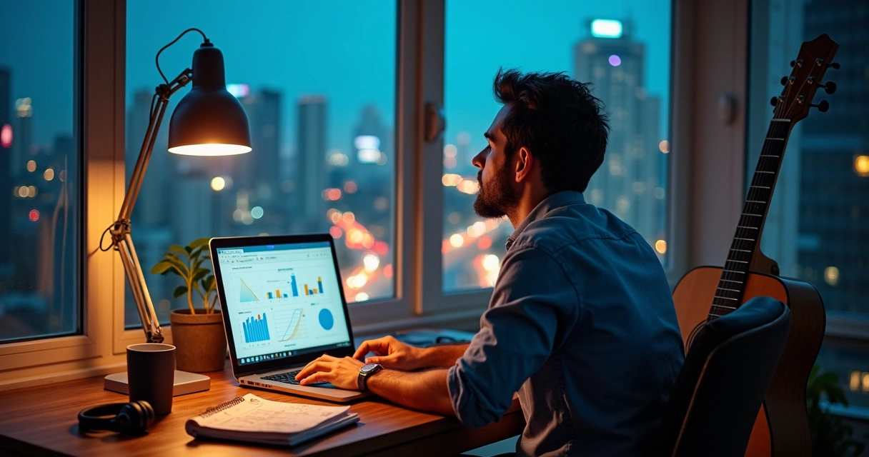 Empreendedor sentado em frente ao notebook olhando cidade à noite pela janela 