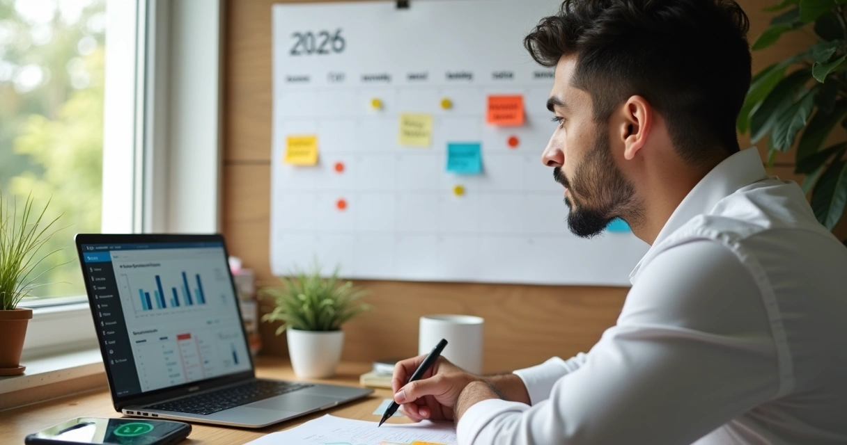 Microempreendedor brasileiro organizando agenda fiscal em calendário cheio de marcações coloridas 