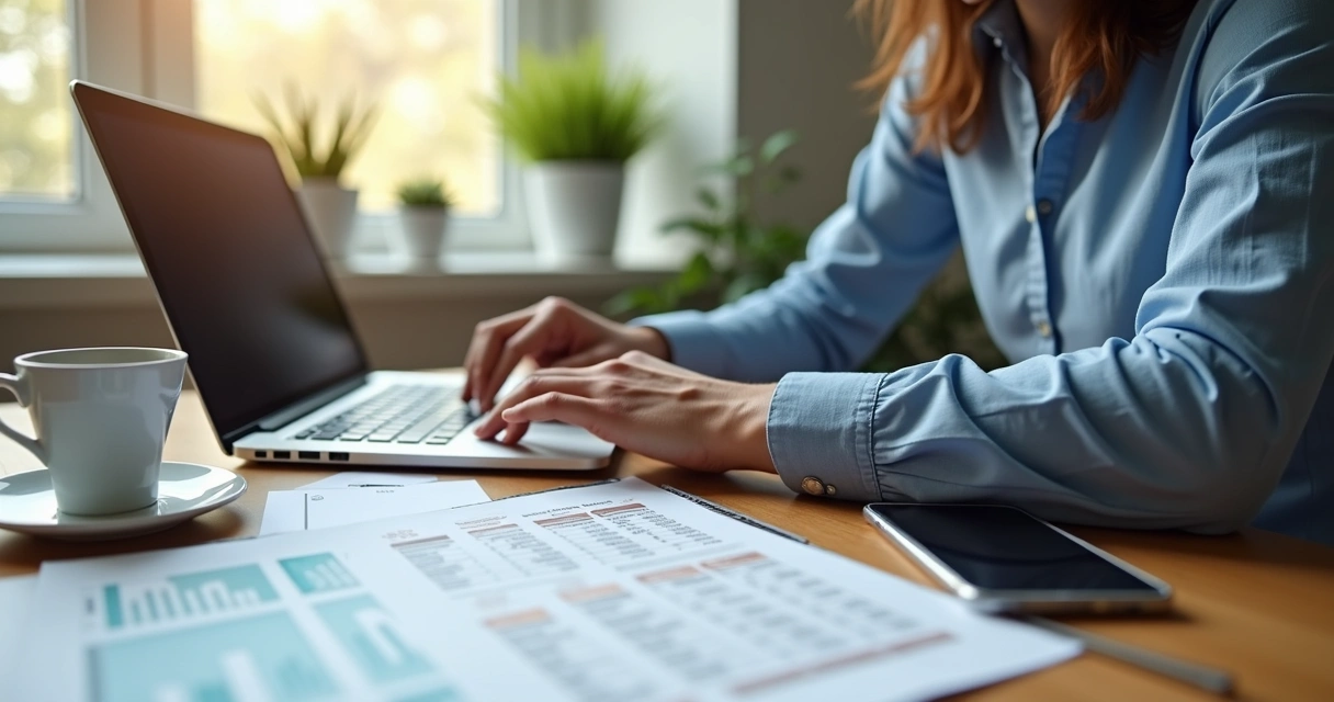 Empreendedor MEI consultando planos de saúde em um laptop em ambiente moderno e iluminado 