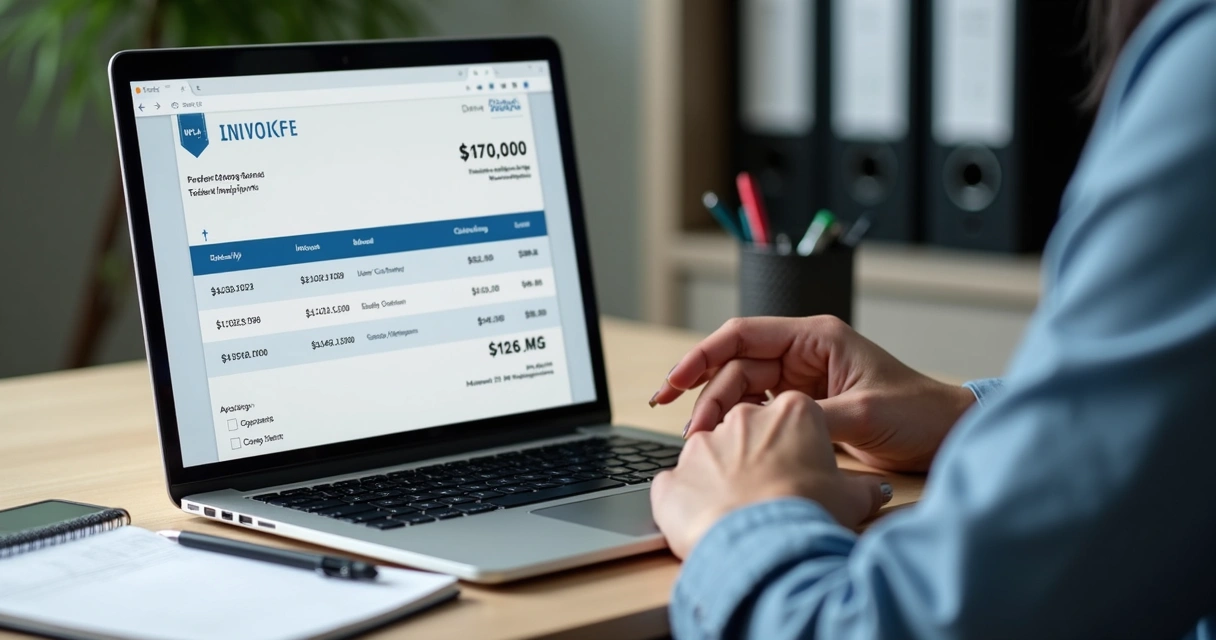 Empreendedor conferindo nota fiscal eletrônica em notebook 