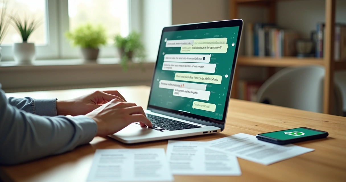 Empreendedor analisando frases de mensagens de WhatsApp no notebook 