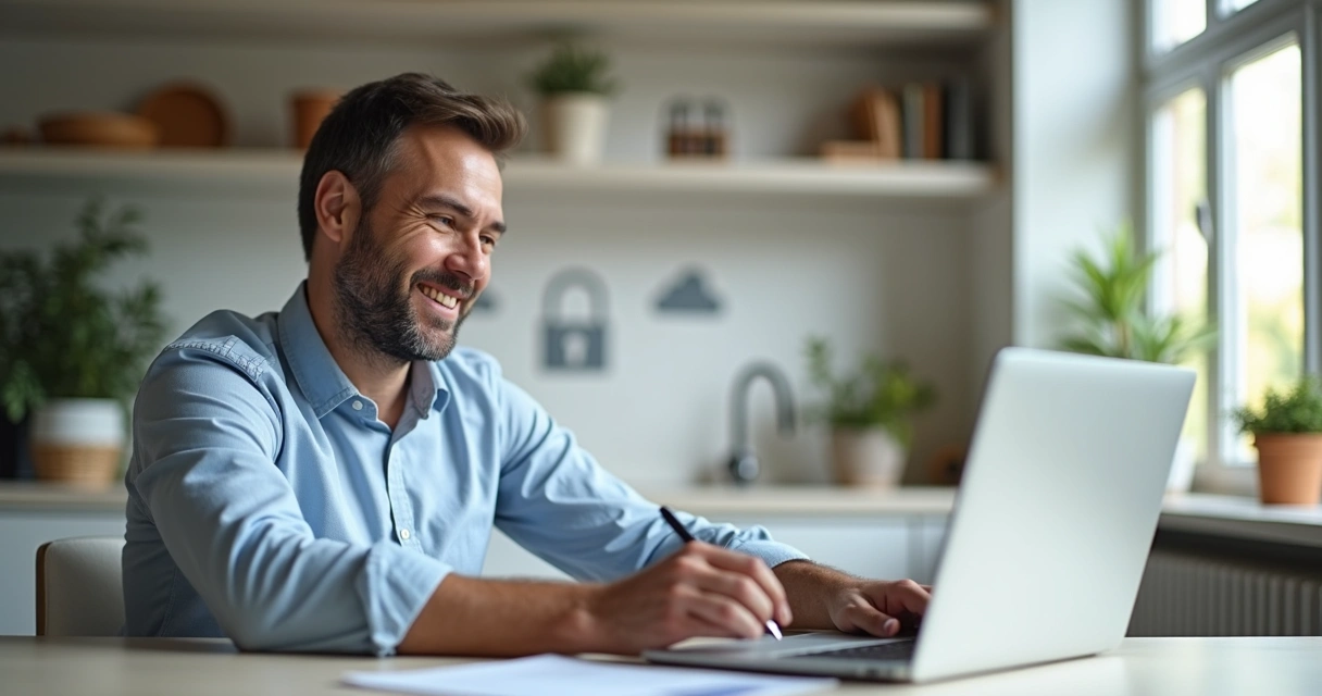 Empreendedor assina documento digital em laptop em ambiente moderno de escritório 