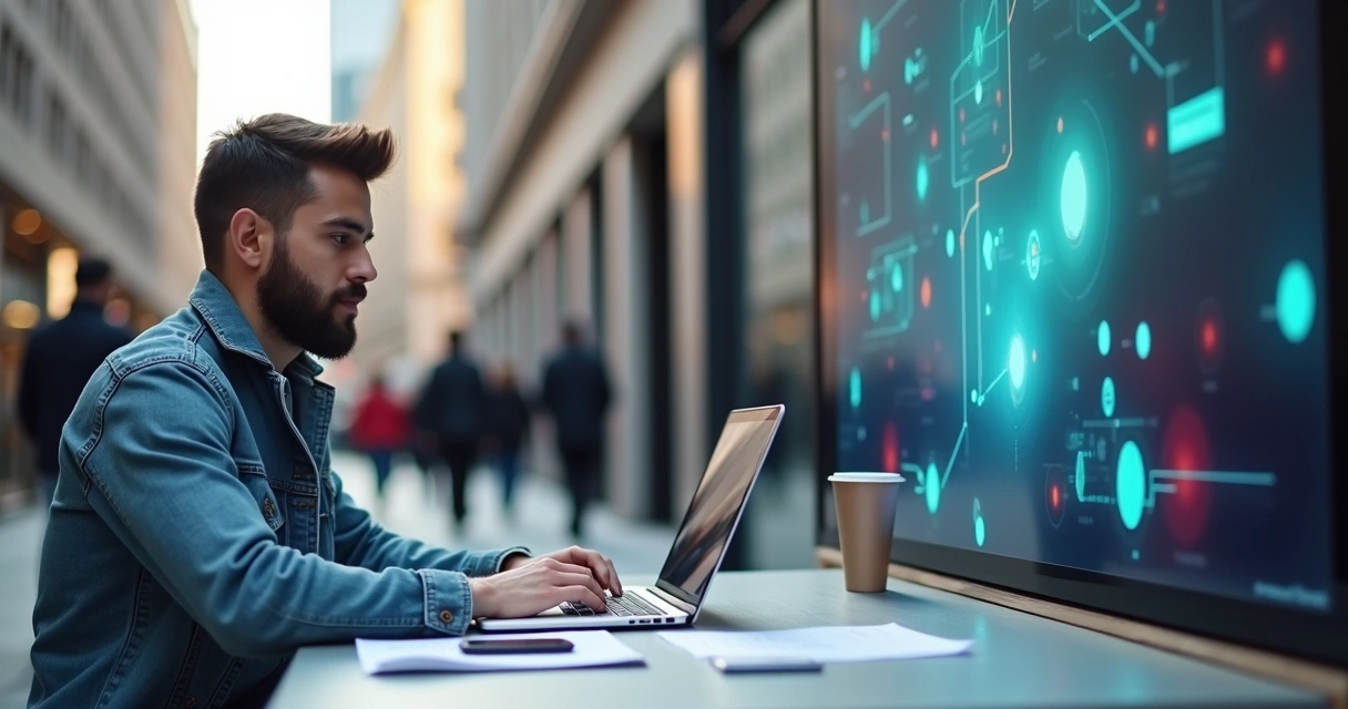 Empreendedor trabalhando com notebook ao lado de painel digital urbano 