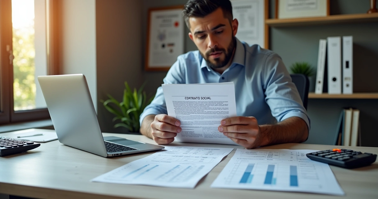 Empreendedor analisando documentos contábeis para migração de MEI para ME em escritório moderno 