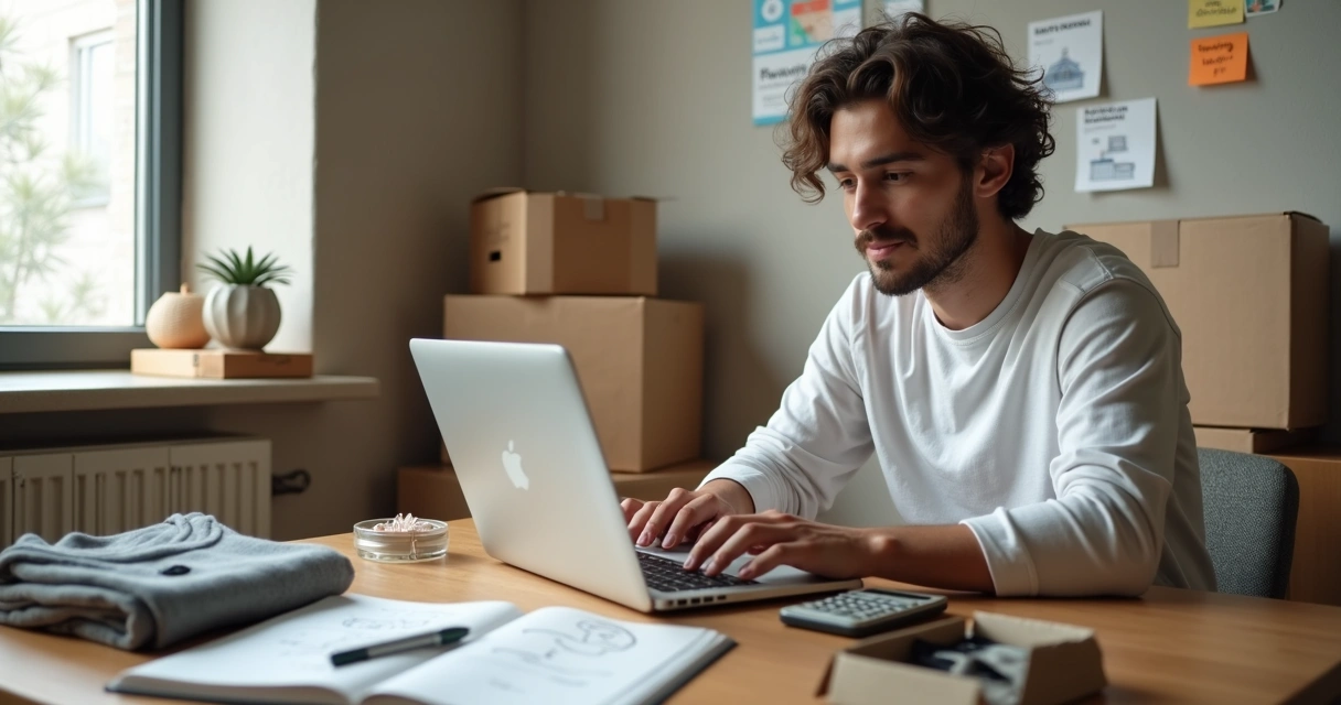 Empreendedor organizando produtos físicos na frente de um laptop com loja virtual aberta 